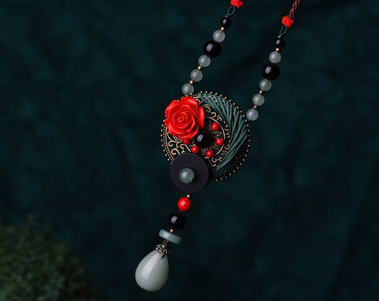 Red And Obsidian Rose Necklace
