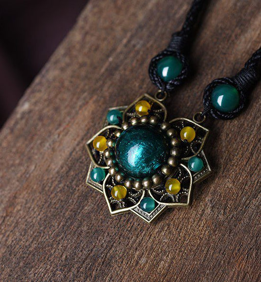 Forest Green And Yellow Flower Necklace