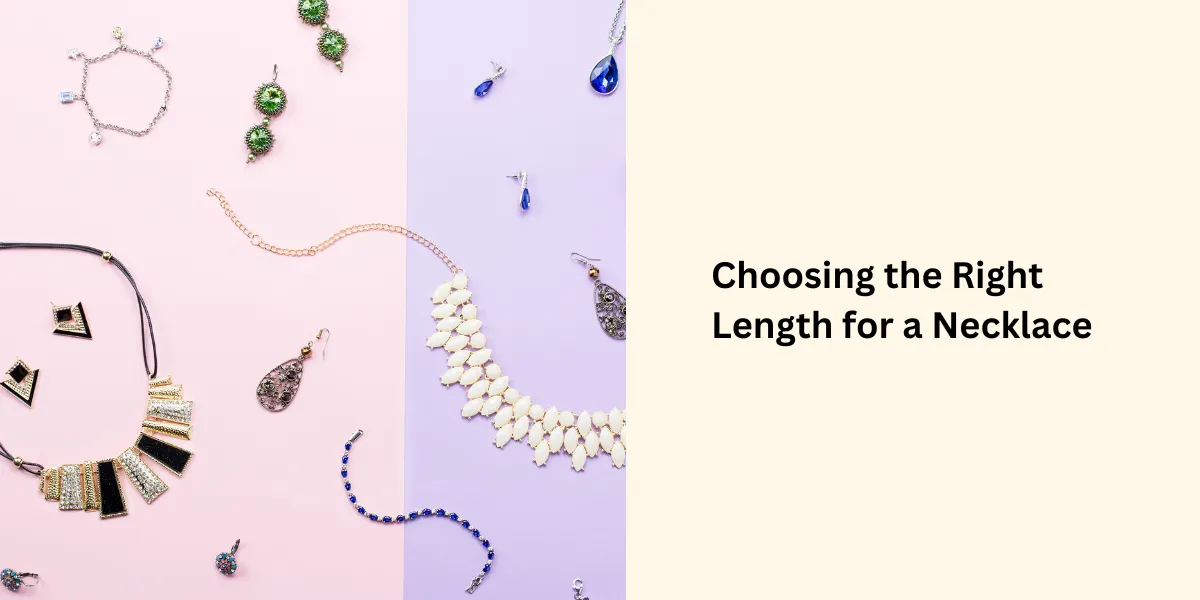 A variety of necklaces and earrings in different styles and colors arranged on pastel backgrounds, illustrating how to choose the right necklace length.