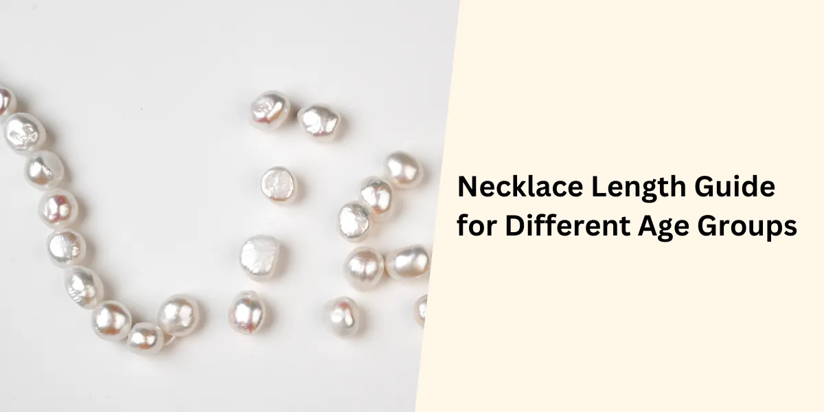 Scattered pearl beads on a white background, representing a necklace length guide tailored for different age groups.